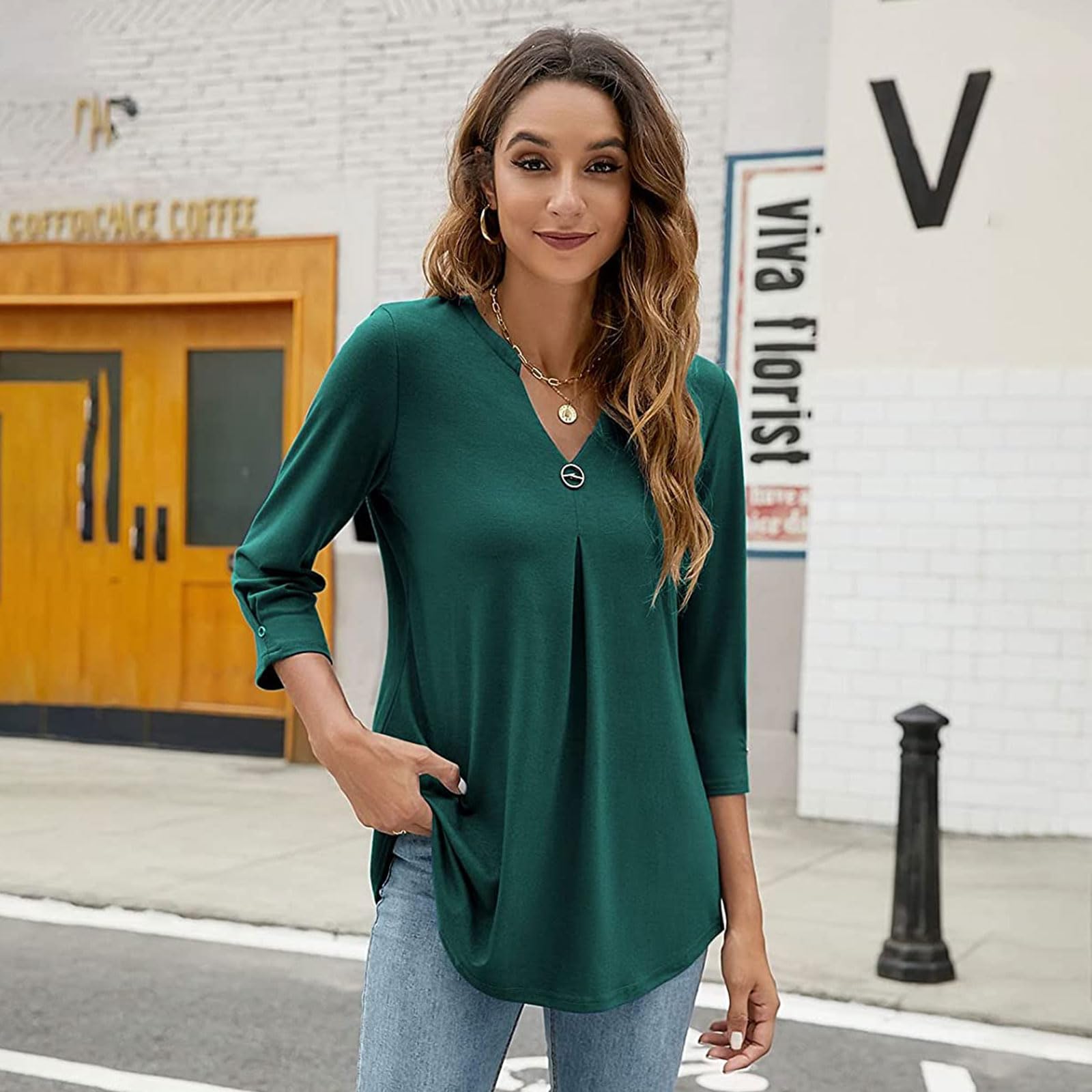 Bluzka 3/4 Rękaw Bluzki Damskie Dekolt w serek Jednolity kolor Casual Top Eleganckie Luźne Koszule T Shirt