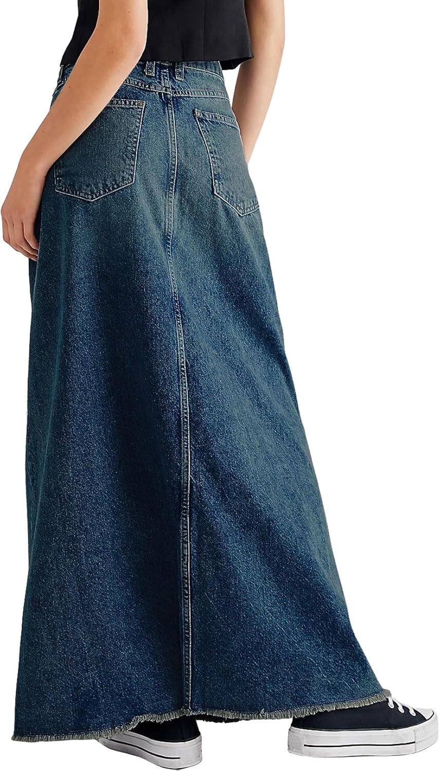 chouyatou Women's Vintage A-Line Frayed Maxi Denim Skirt Distressed High Waist Long Jean Skirt - Image 2