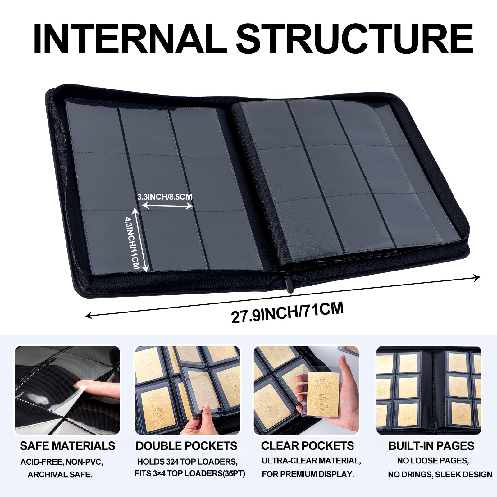 UWULK Classeur de cartes pouvant contenir jusqu'à 324 téléchargement par le haut – Cuir PU imperméable avec inserts en polypropylène anti-jaunissement – Album portable de tri par le haut pour cartes
