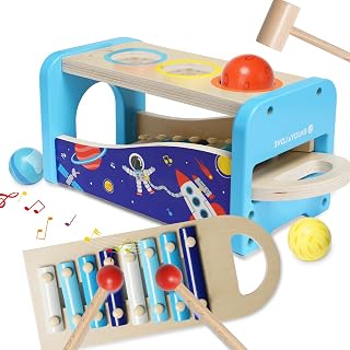 NUKied Pound A Ball Toy Wooden Pounding Bench Toy with Slide Out Xylophone Pounding Toy Wooden Hammer Ball Toy Xylophone Set for Kids Toddler Boys Girls