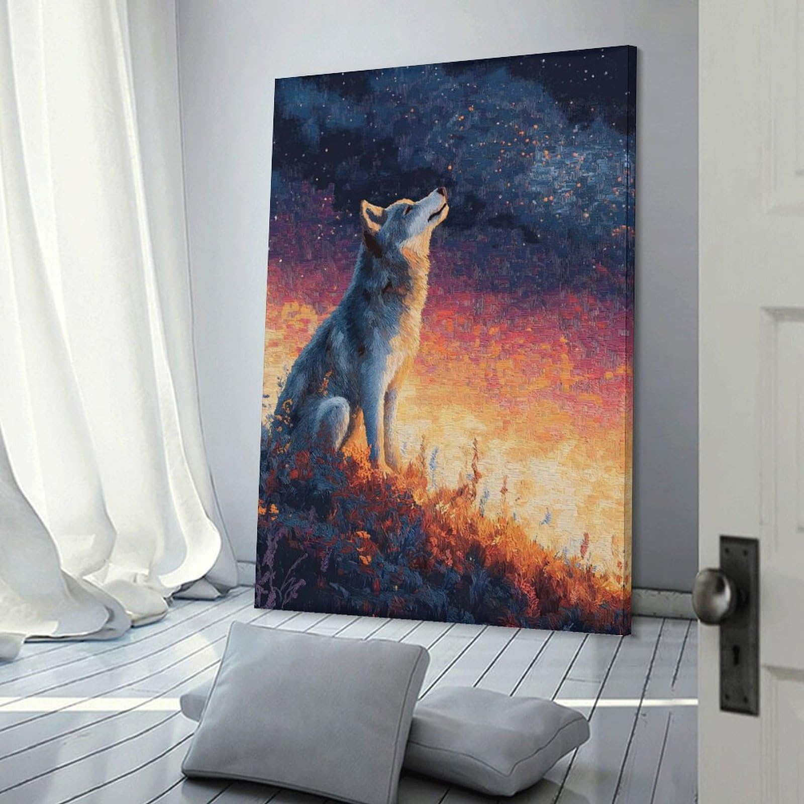 Junmoney Wolf Howling at Starry Sky Hanging Wall Art 24x36inch(60x90cm), for Study, Office Or Focused Interiors, Wall Art That Adds Style to Work Areas