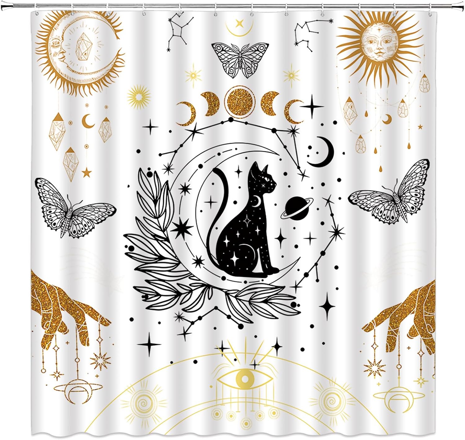 Boho Black Cat Shower Curtain Witchy Sun and Moon Phase Mysterious Celestial Mystic Tarot Astrology Gothic Vintage Bathroom Curtain Set with Hooks(91" Wx70 H)