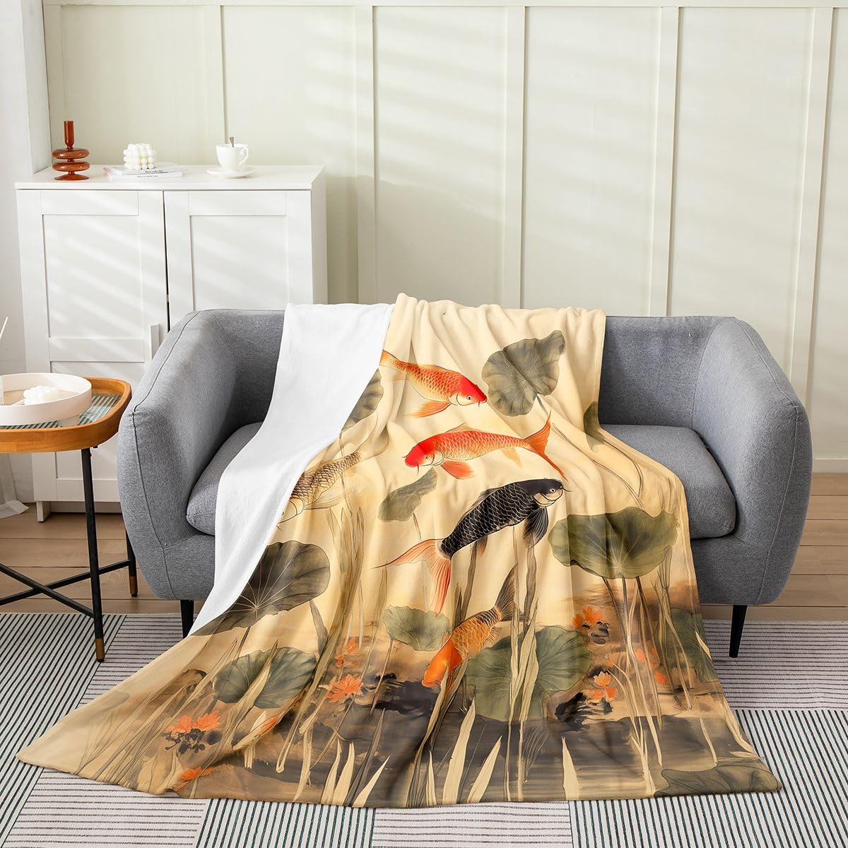 Fish Throw Flannel Blanket,Chinese Style Lotus Leaves Fleece Fleece Blanket for Home Bedroom Decor Sofa Couch,Retro Ink Landscape Painting Soft Bedding,40"x50"