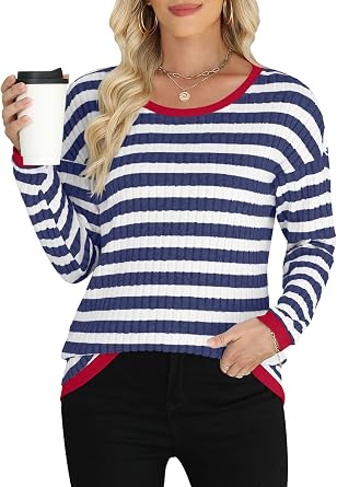 MLXSJ Womens Striped Long Sleeve Tops Casual Fall Crewneck T Shirts Color Block Tunic Sweaters