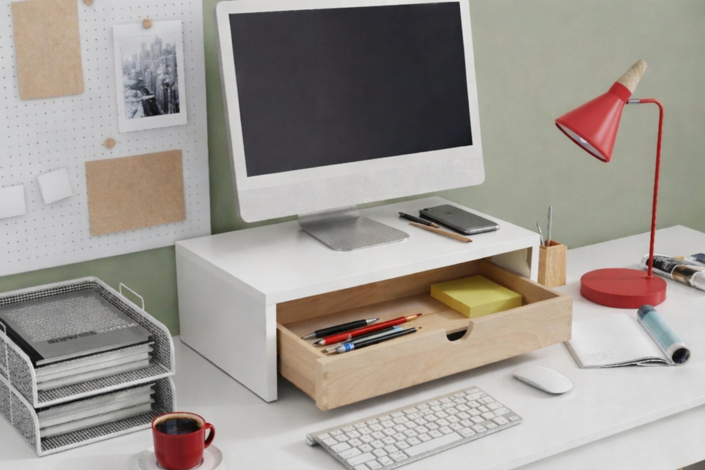 Support de Moniteur avec Tiroir, Blanc | Rehausseur écran Ergonomique en Bois, Support écran PC avec Tiroir, Universel pour Ordinateur Portable ou Écran