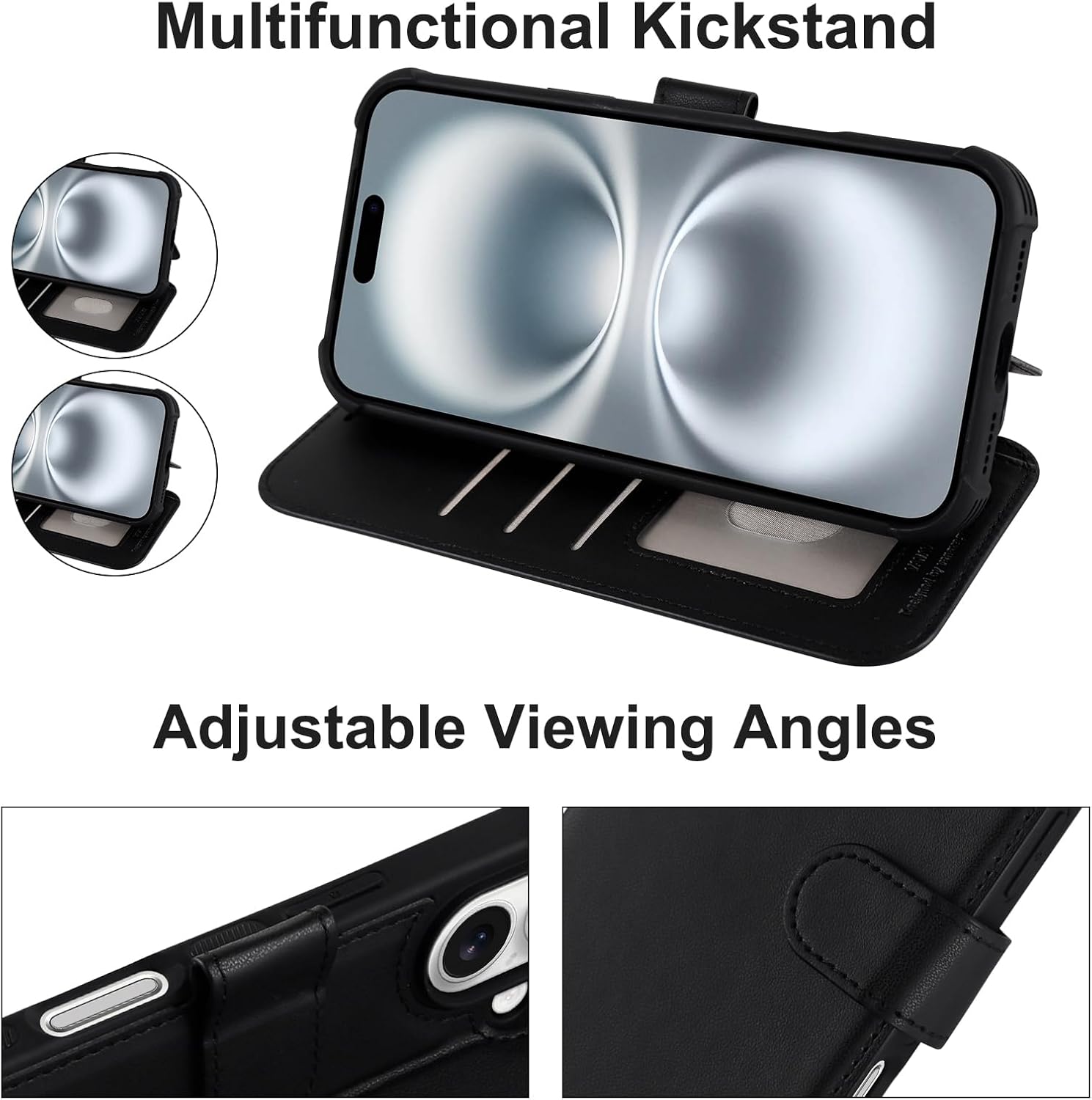 VANAVAGY Compatible for iPhone 16 Wallet Case, PU Leather Folio Flip Cover with RFID Blocking Card Holder Wrist Strap Kickstand for Wireless Charging, [Screen Protector & Camera Cover], Black - Image 6