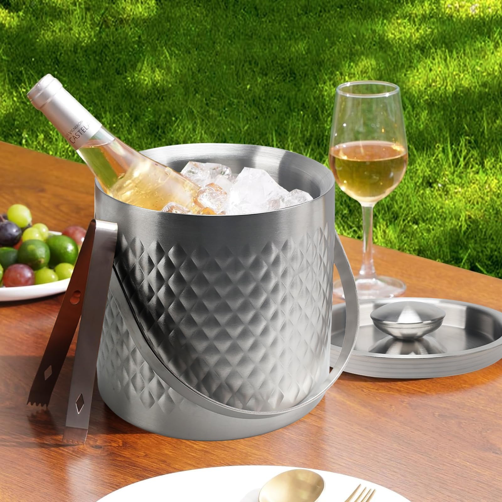 Zythrem 2L Secchiello Ghiaccio in Acciaio Inox, con Coperchio in Silicone, Pinze e Pala, Secchiello Ghiaccio Vino Acciaio Inox a Doppia Parete Isolante, per Cocktail Bar, Feste, Mantiene Il Ghiaccio
