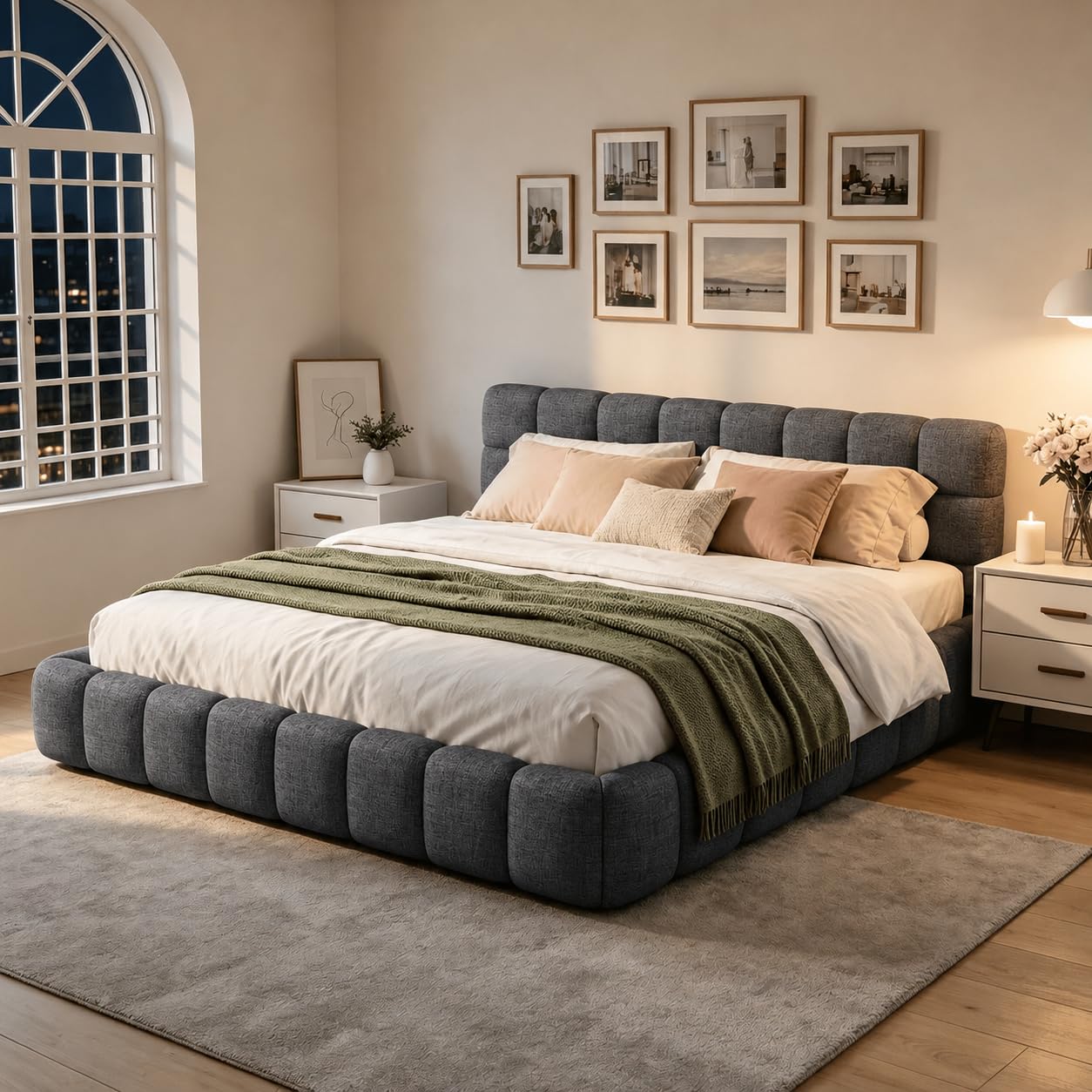 BRILVERDE 4ft6 Low Padded Bed 135 x 190 cm, Tatami Bed with Headboard, Double Bed Frame with Slatted Base, Boys Bed, Linen, No Mattress (Grey, 135x190 cm)