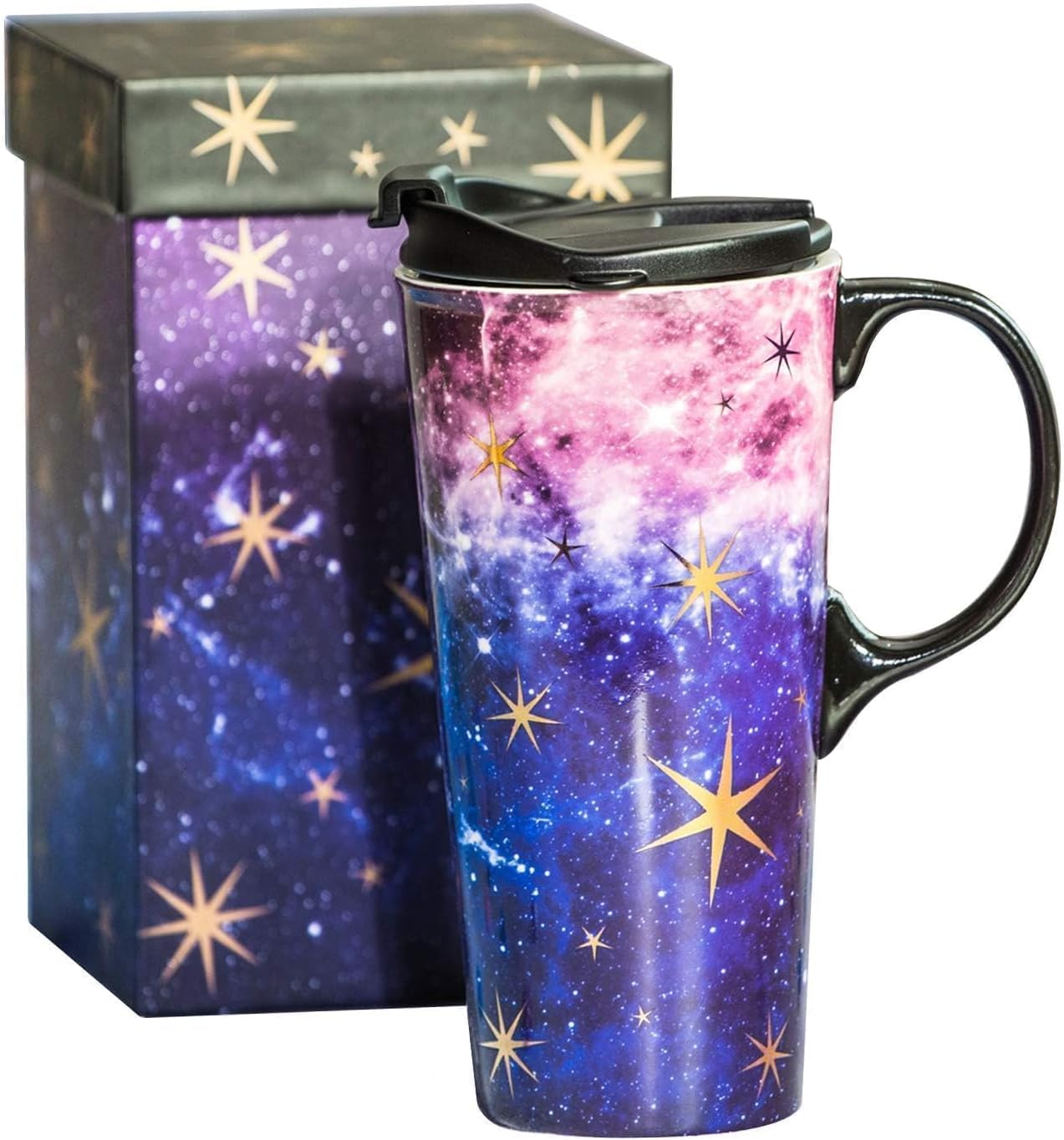 Topadorn Ceramic Travel Mug Coffee Cup with Sealed Lid & Gift Box, 17 OZ Coffee Mug for Latte & Hot Chocolate, Microwave & Dishwasher Safe, Purple Starry Sky