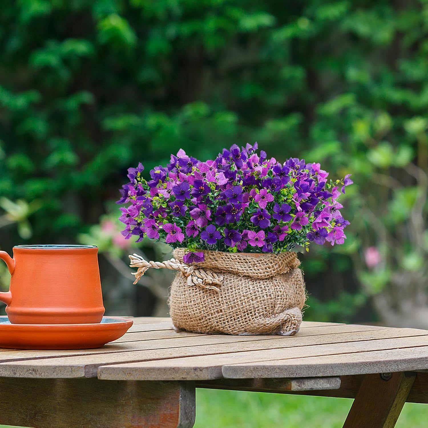 Artificial Faux Plants Flowers Outdoor Spring Summer Decoration, 12 Bundles Fake Silk Colorful Daisy Eucalyptus Realistic UV Resistant for Outside Home Planter Porch Patio Yard Decor (Purple) - Image 5