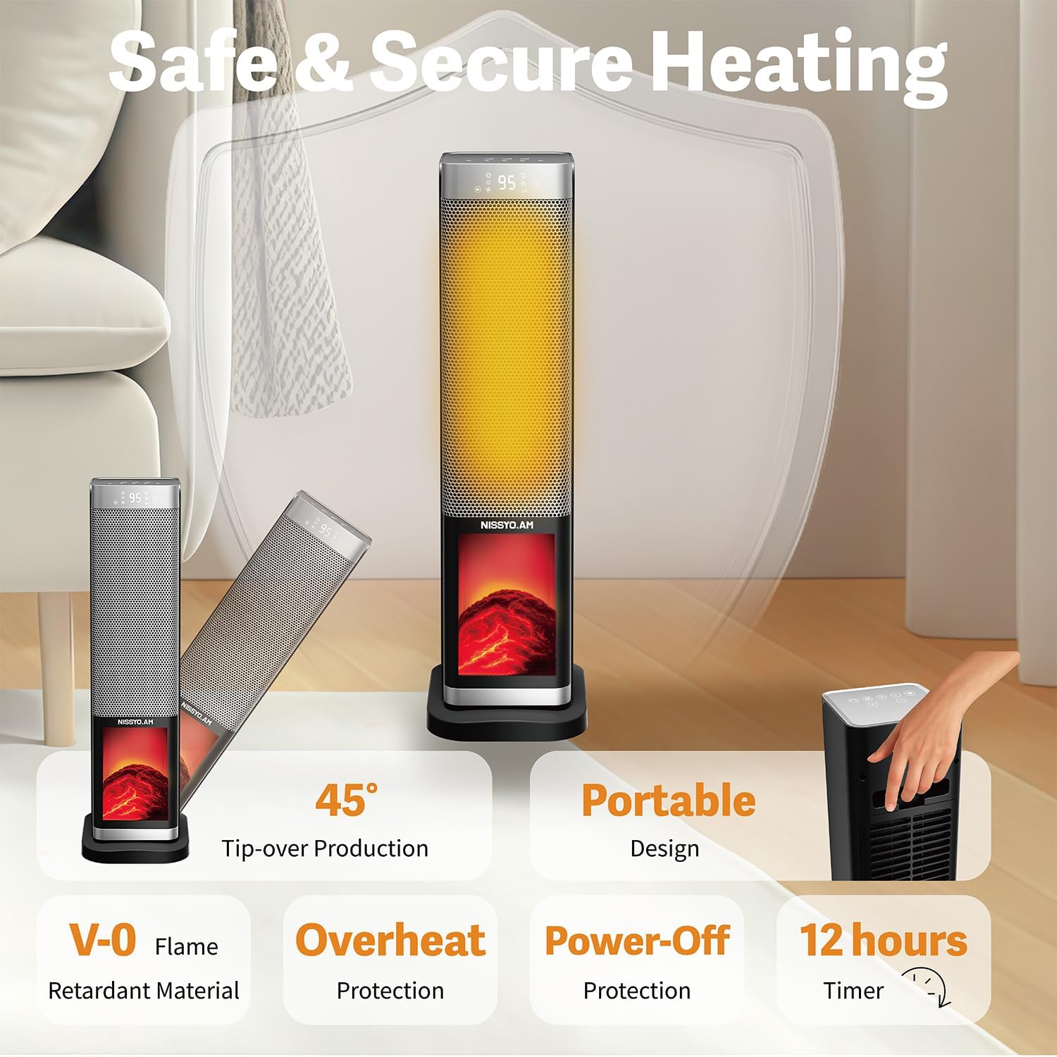 Tower Space Heater for Indoor Use, 24" 1500W Electric Space Heaters with 3D Realistic Flame, ECO Mode,Tower Heater with Remote,Portable Heater for Large Room, Bedroom, Office,Tip-Over Protection