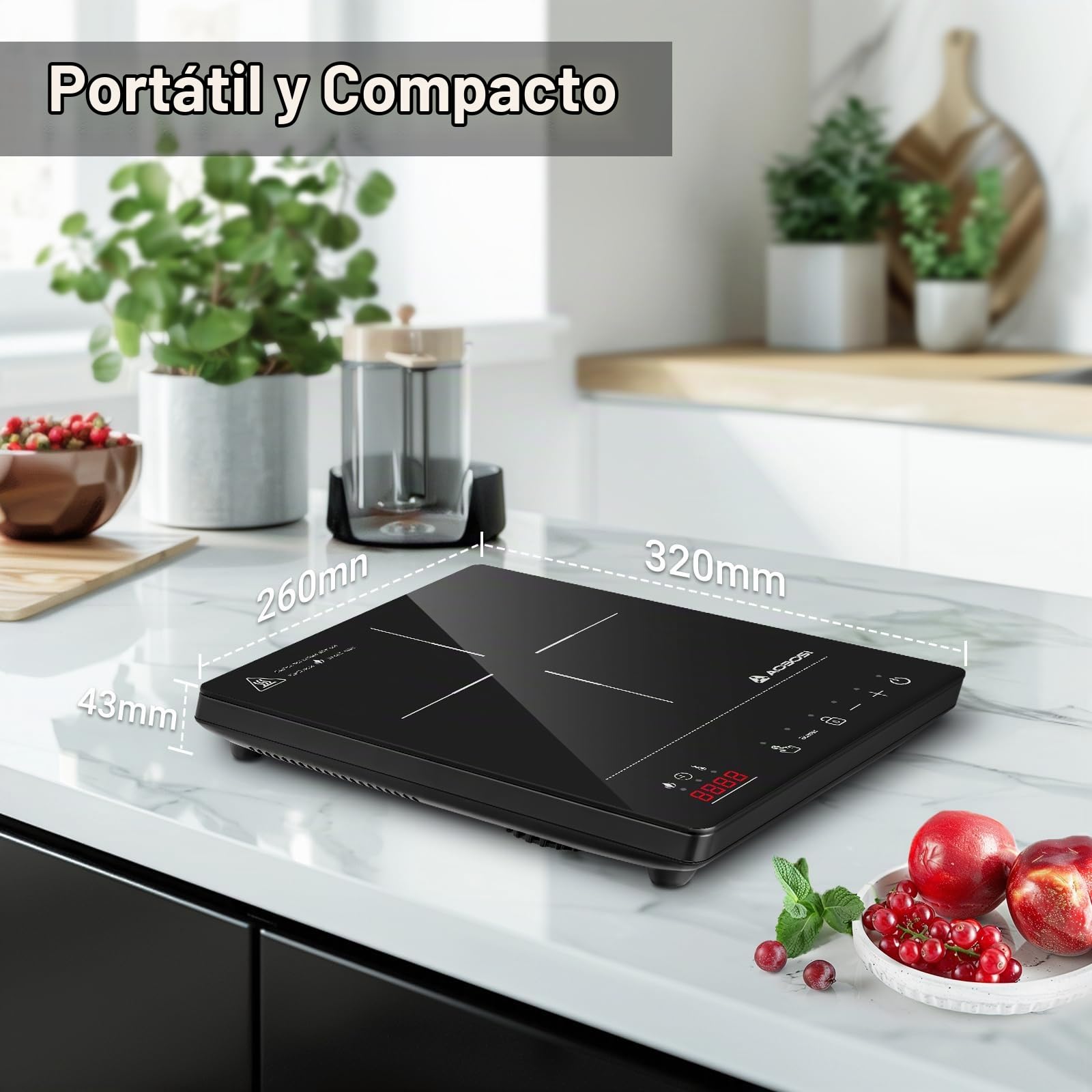 Aobosi Placa Induccion, Placas de Induccion con Cuerpo Ultrafino Portátil (32 * 26 * 4.2), 20 Niveles de Potencia y Temperatura, Función Booster 2000W, Bloqueo de Seguridad, Temporizador 10H
