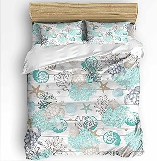 Turquoise Coral Conch Full Size Comforter Set, Starfish Turtle Shell Wood Grain Soft Bedding for All Seasons, 4 Pcs Bed Set with 1Comforter (86"x86") ,1 Sheet(80"x116"), 2 Pillowcases (19"x29")