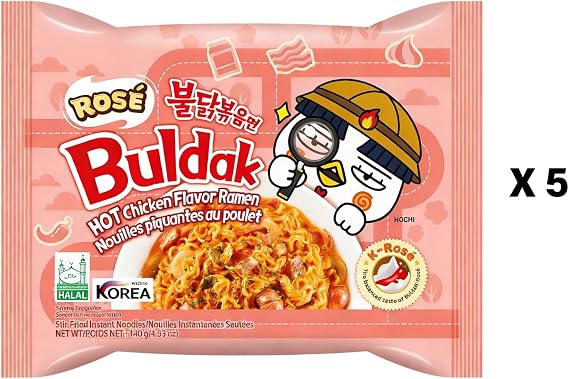 Buldak Noodles Hot Chicken Flavor Ramen 5 Pack - Ramen Instant NoodlesExcellent for Snack and Soups (Rose)