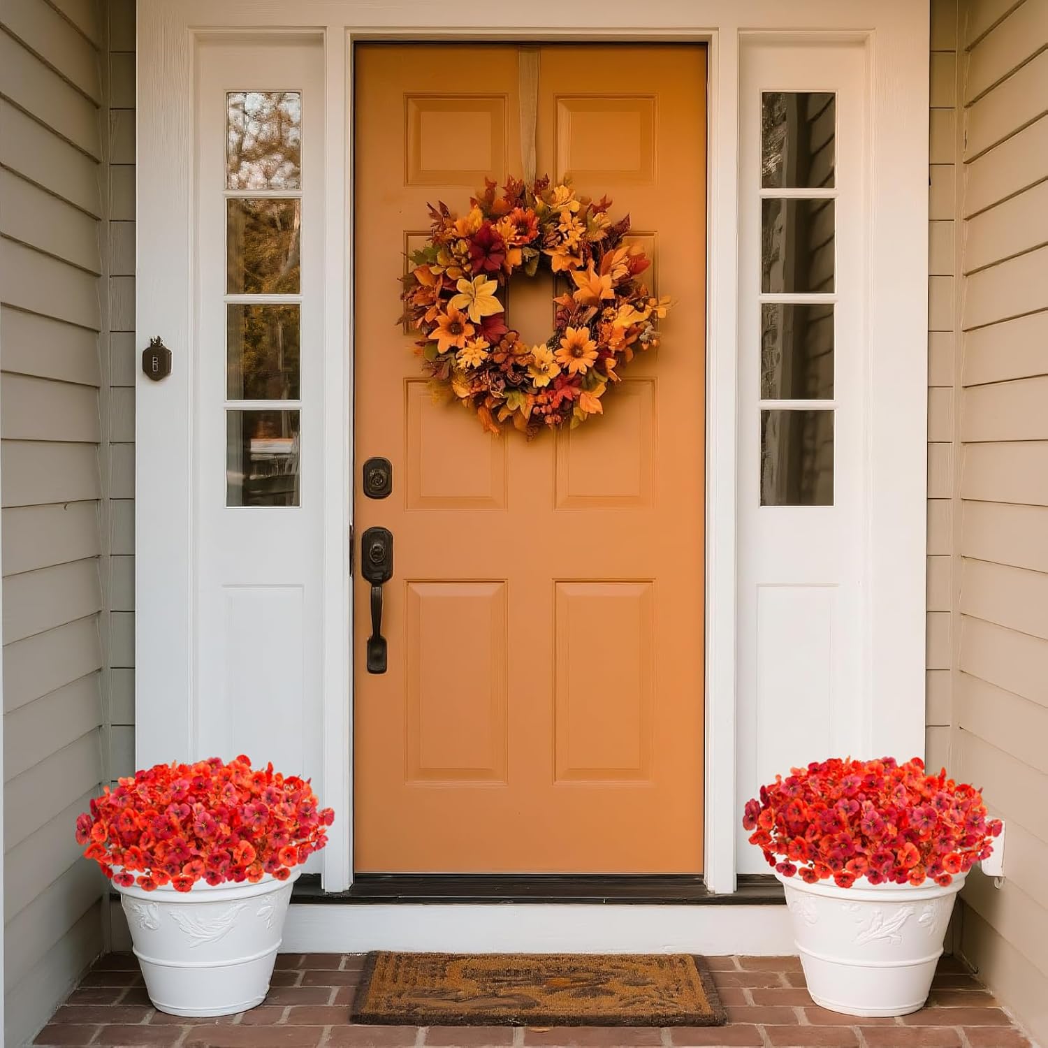 Artificial Fall Flowers for Outdoors Decoration, 12 Bundles Faux Pansies Fake Mums Flower Plants UV Resistant No Fade, Realistic Silk Pansy Look Real for Porch Planters Garden Patio Yard (Red Orange) - Image 5