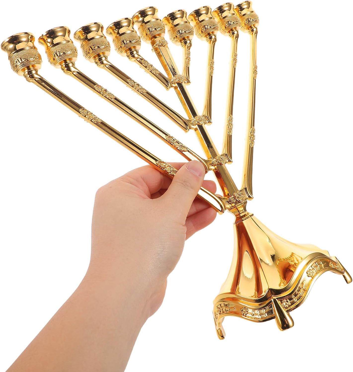 Chanukah Menorah Candle Holder with 9 Branches, Zinc Alloy Modern Candle Stick Holder for Hanukkah Decor, Elegant Gold-Tone Table Decoration for Home and Family Gatherings