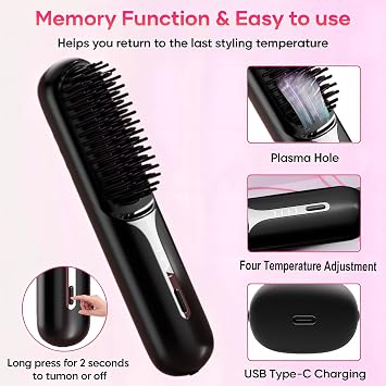 Cordless Hair Straightener Brush - Portable Heated Straightening Brush for Travel, Party, Mini Ionic Hot Comb Straightener for Women,Ceramic Coating, Lightweight for Touch-ups, Anti-Scald (Black)