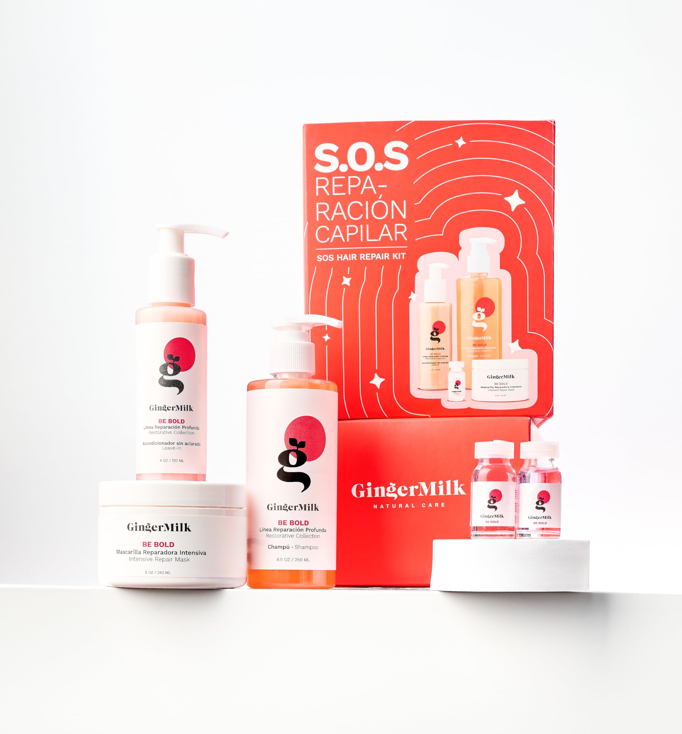 Ginger Milk Natural Care SOS Hair Repair Kit – Champú, Mascarilla, Leave-In y Ampollas con Ácido Hialurónico y Keratina – Rutina Capilar 4 Pasos para Cabello Seco, Dañado o Teñido
