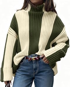 Saodimallsu Womens Turtleneck Sweater Color Block Striped Oversized Sweaters Winter Casual Trendy Pullover Tops