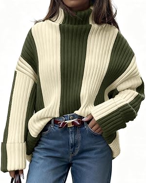 Saodimallsu Womens Turtleneck Sweater Color Block Striped Oversized Sweaters Winter Casual Trendy Pullover Tops