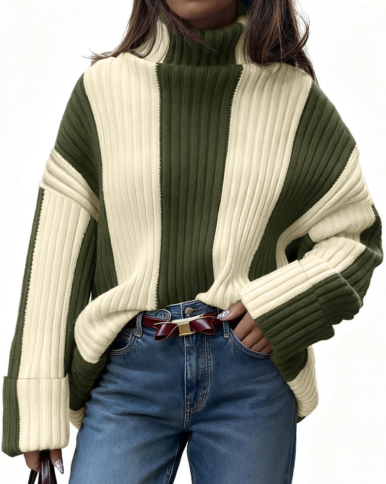 Saodimallsu Womens Turtleneck Sweater Color Block Striped Oversized Sweaters Winter Casual Trendy Pullover Tops