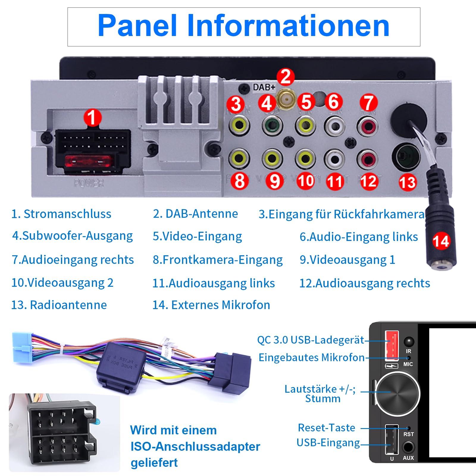 6,36 Zoll 1 Din Autoradio mit Drahtlosem CarPlay & Android Auto, Bluetooth, Full-Touch-Display FM, DAB+, Rückfahrkamera und Mikrofonunterstützung