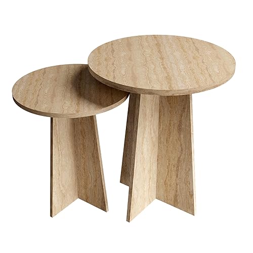 Travertine Efect Round Nesting Coffee Table Set of 2 Modern