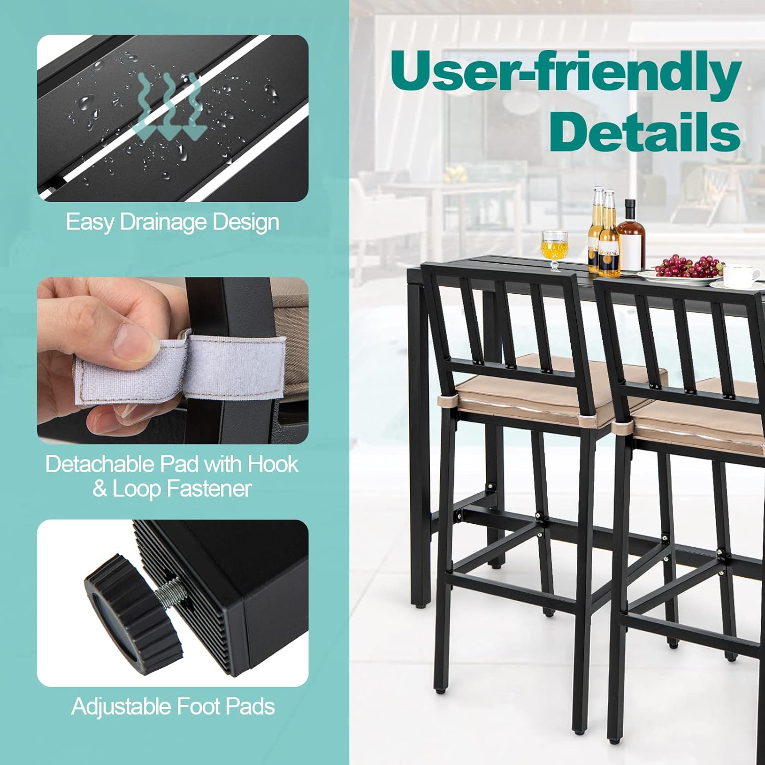 COSTWAY 3 Piece Outdoor Patio Bar Set, 55" Rectangular Pub Height High Top Bar Table with 2 Cushioned Bar Stools, Metal Bar Table and Chairs Set for Balcony, Backyard, Porch