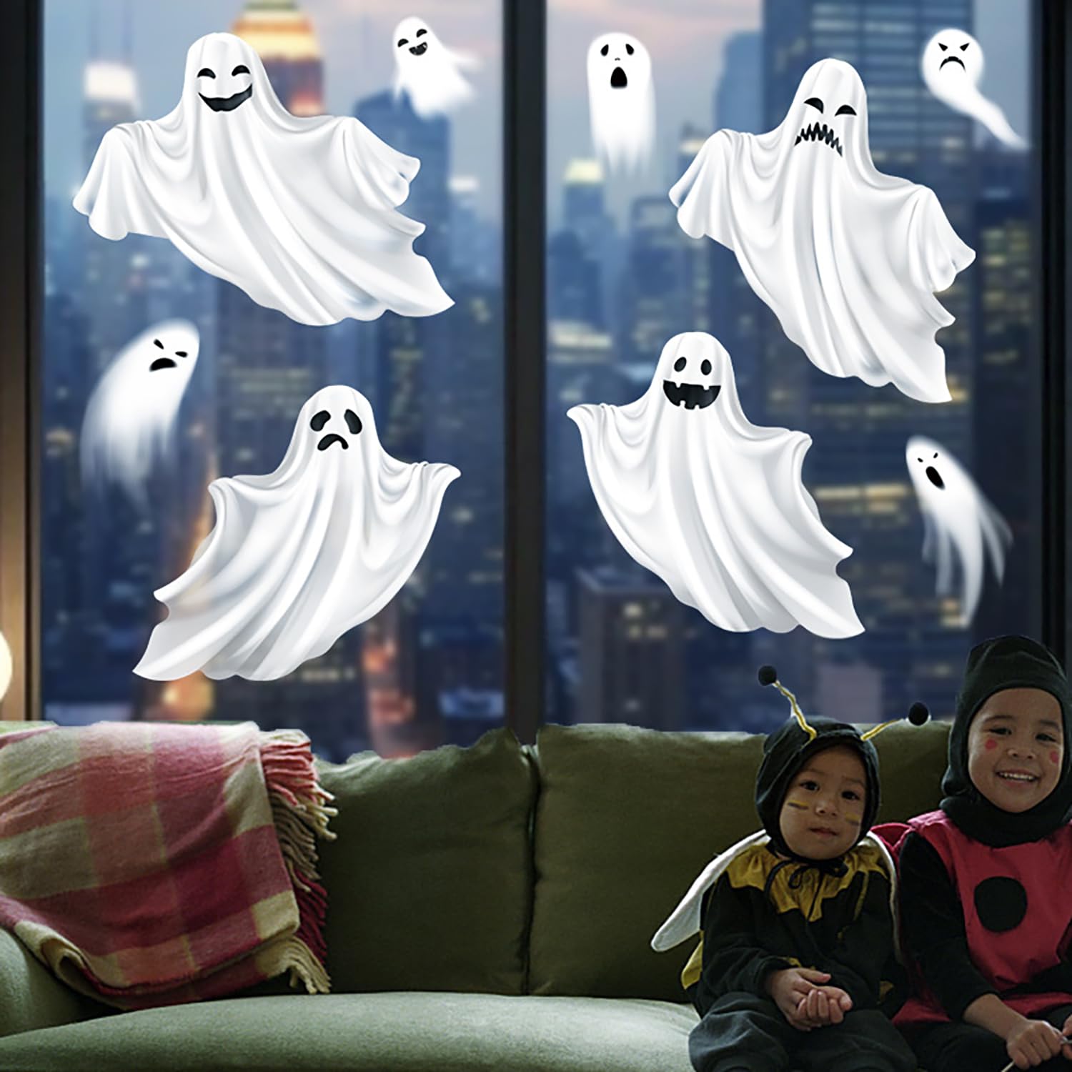 White Ghost Window Clings - Double Sided Static Clings for Glass Decor & Halloween Party Supplies