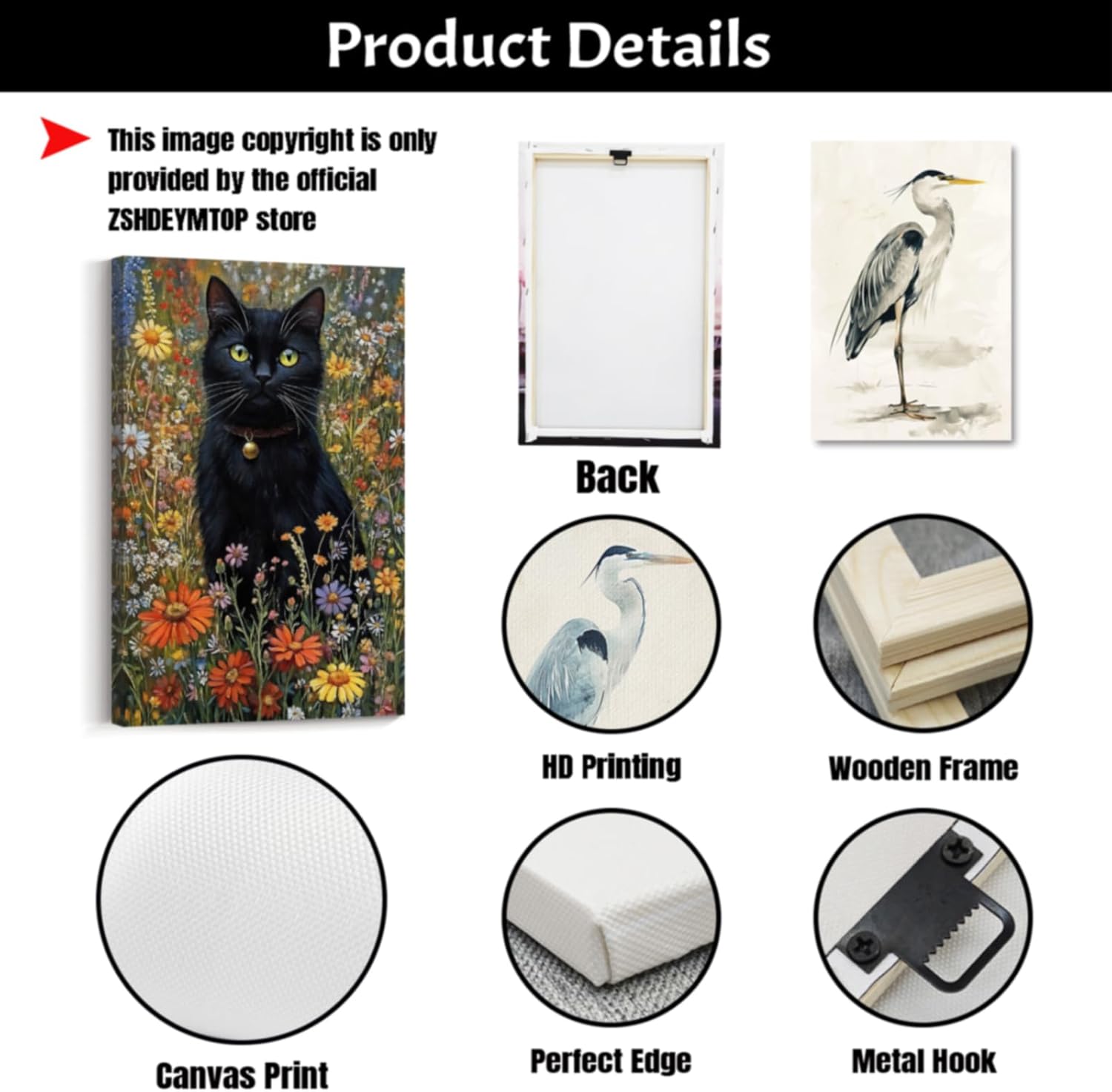 ZSHDEYMTOP Black Cat Canvas Wall Art Vintage Black Cat & Wildflowers Pictures Gothic Cats Floral Paintings Nature Plant Prints for kids Room Decor Frame (Grey,18L x 12W)