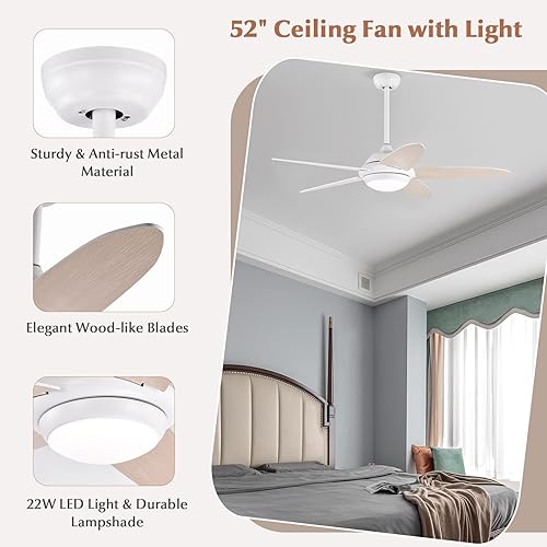 Miniatura 9 de Tangkula Ventilador de techo de 52 pulgadas con luces, ventilador de techo LED moderno para interiores, control remoto, motor reversible, 5