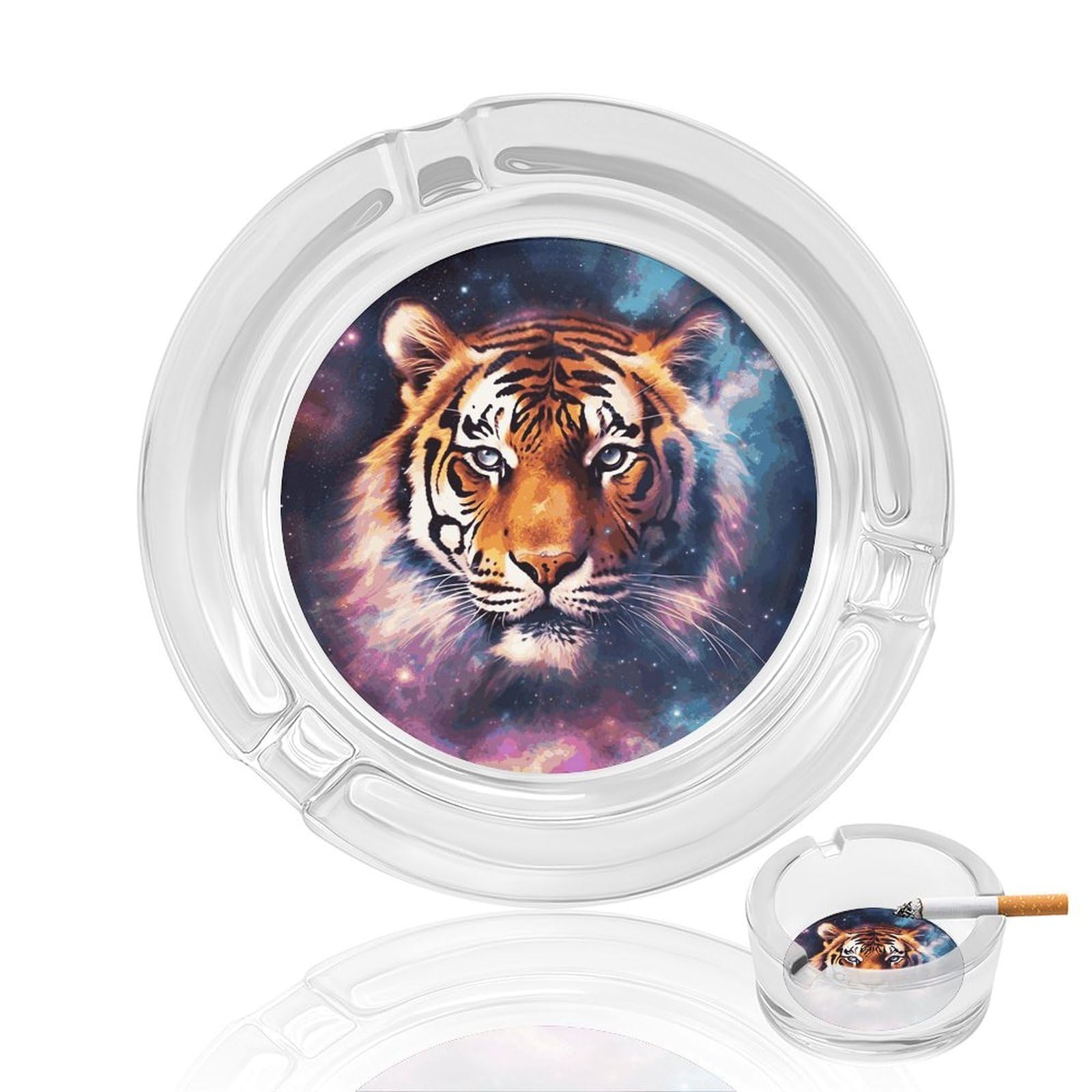 Fekiloot Men's Style Galaxy Tiger Glass Ashtray For Cigarette Cigar,Cigarette Ashtray For Indoor Or Outdoor Use,Cigar Ashtrays With 3 Notches-Glass Decor Gift For Smokers