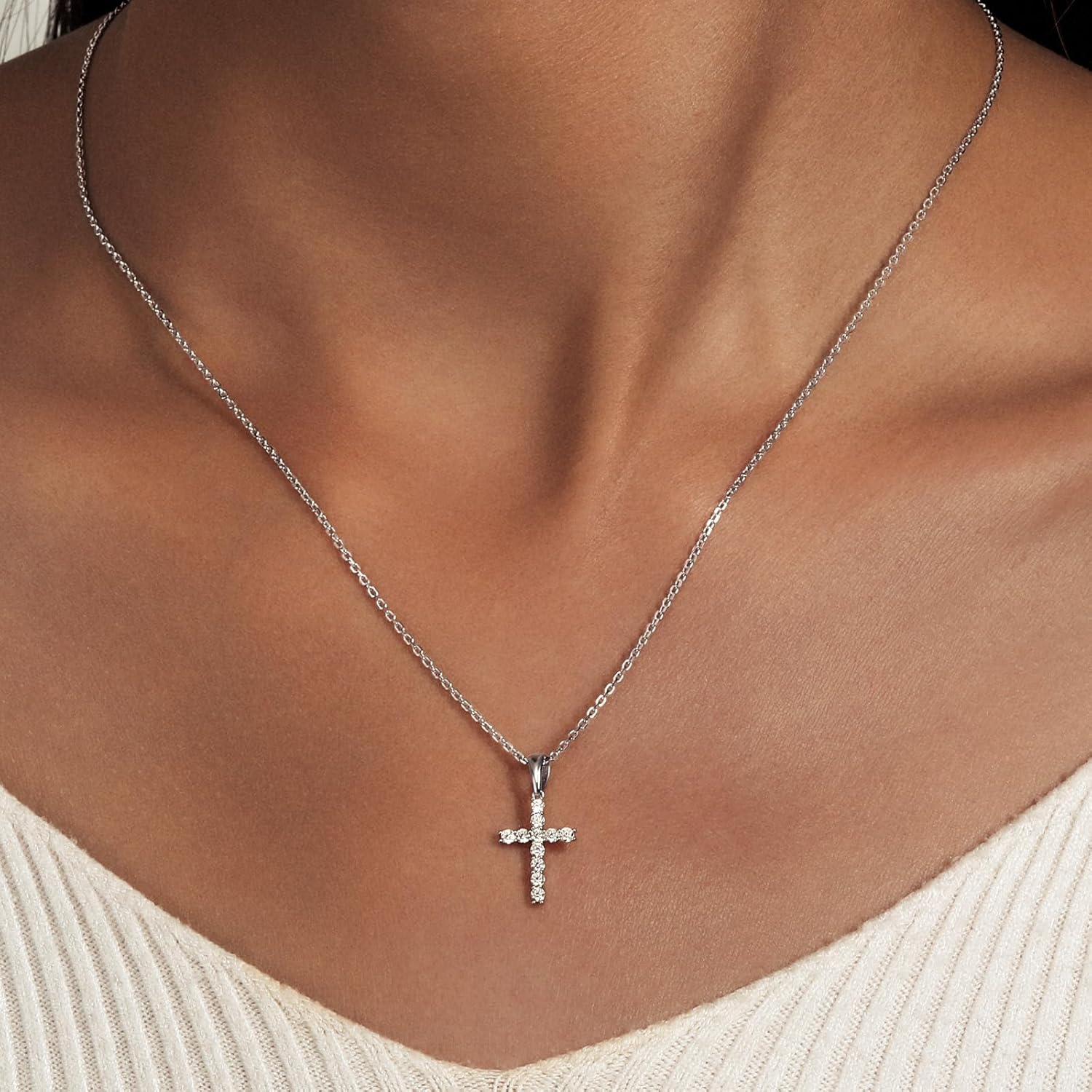 Moissanite Small Cross Necklace for Women: Dainty Tiny 14K Gold Plated Sterling Silver Pendant Simulated Diamond Layered Chain Necklace Minimalism Jewelry - Image 3