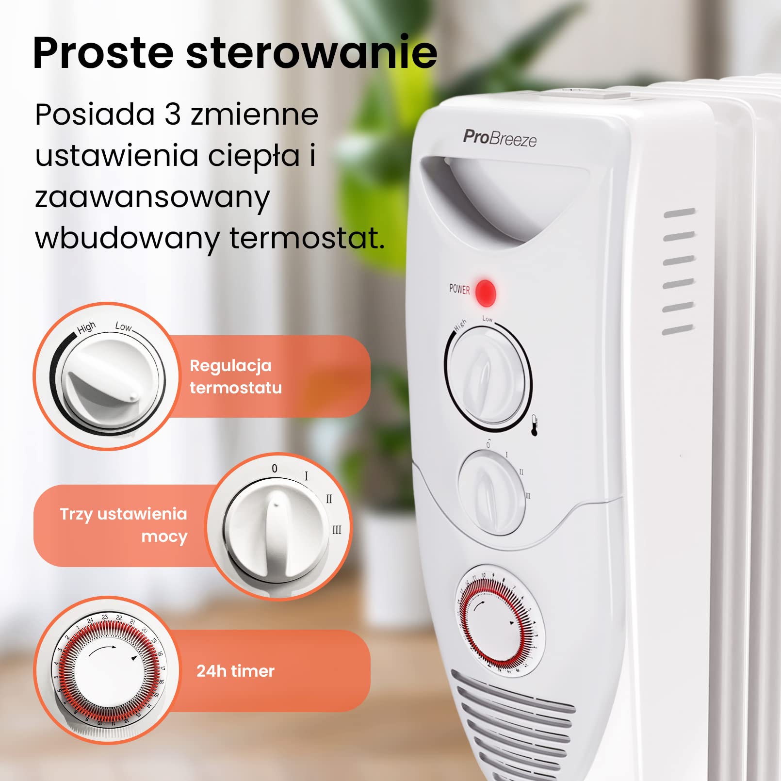 ProBreeze Olejowy Grzejnik Elektryczny, Przenośny Energooszczędny z  Termostatem, 24h Timer, do Domu Łazienkowy, Bezpieczny z Zabezpieczeniem  przed Przegrzaniem, 3 Poziomy Mocy, 2500W, Biały : Amazon.pl: Dom i kuchnia