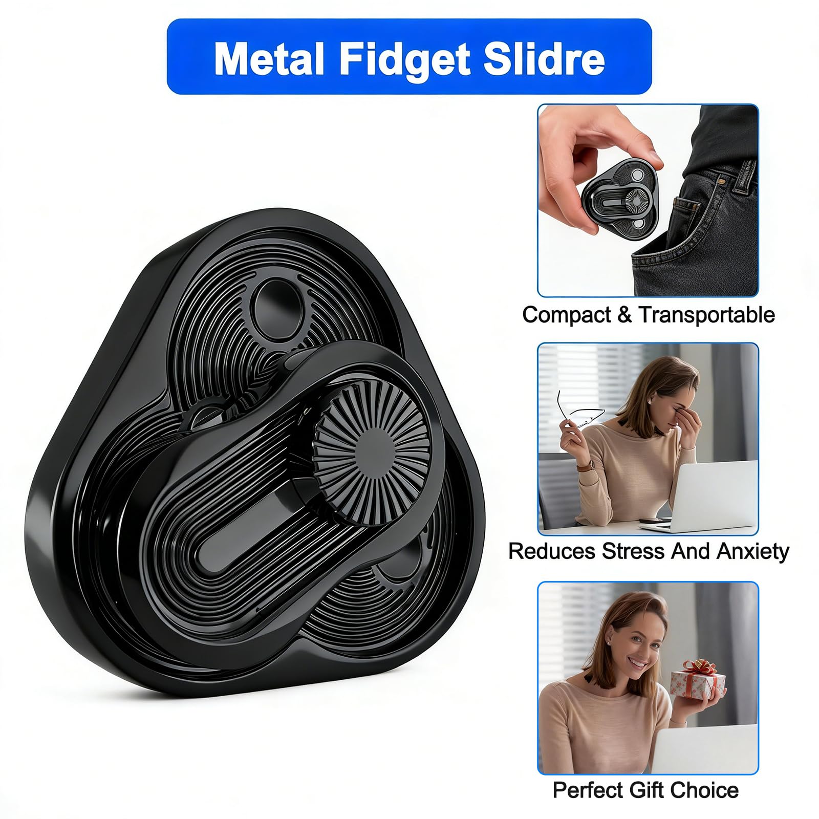 Magnetic Metal Fidget Toy for Adults Black Triangular Spinner Slider for ADHD Stress Relief, Anxiety, Office Desk Toy - Image 4