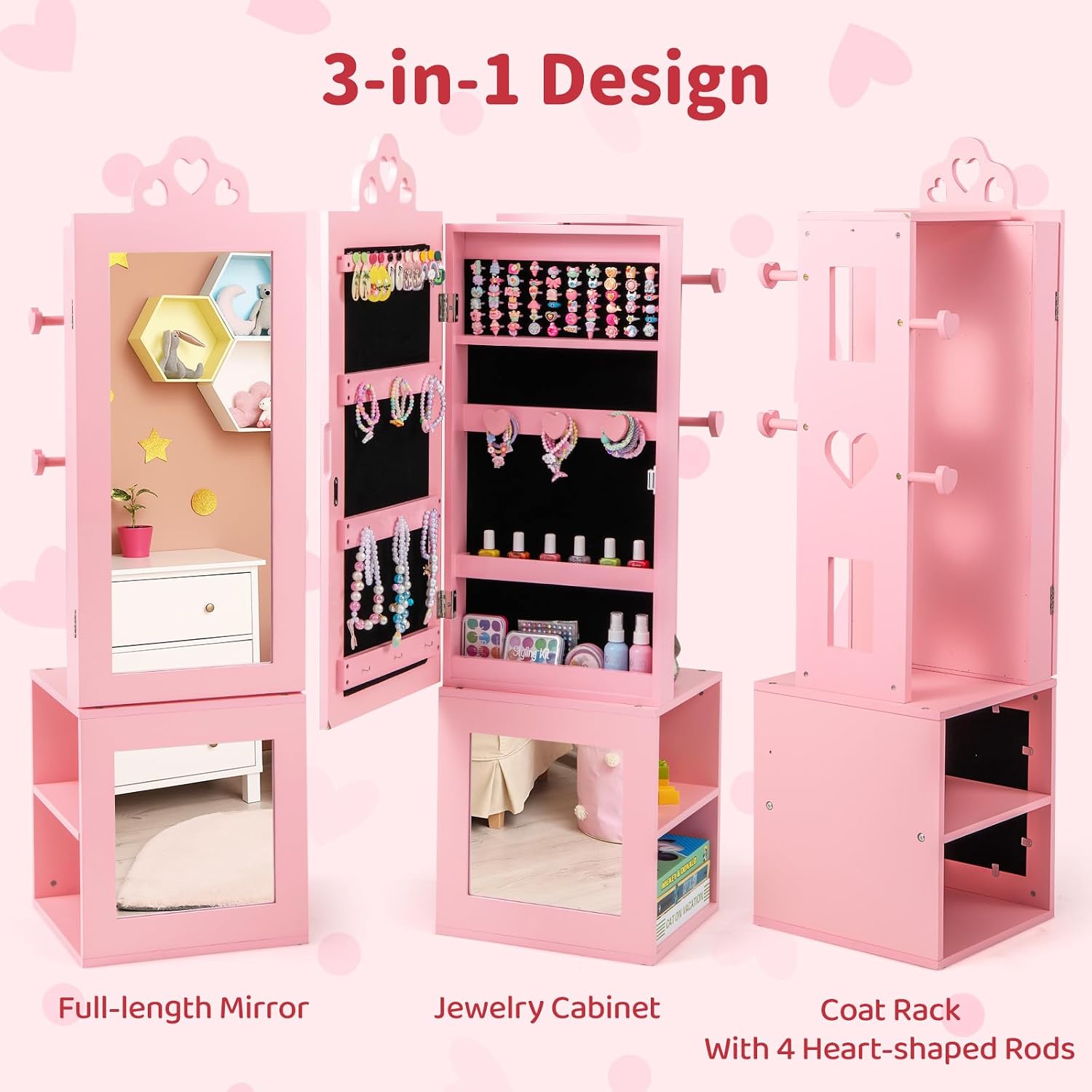 CHARMAID Kids Jewelry Cabinet Armoire, 47" Full Length Mirror, Coat Rack, Back Storage Shelves, Standing Vanity Dressing Mirror for Girls, Kids Jewelry Organizer (Pink)