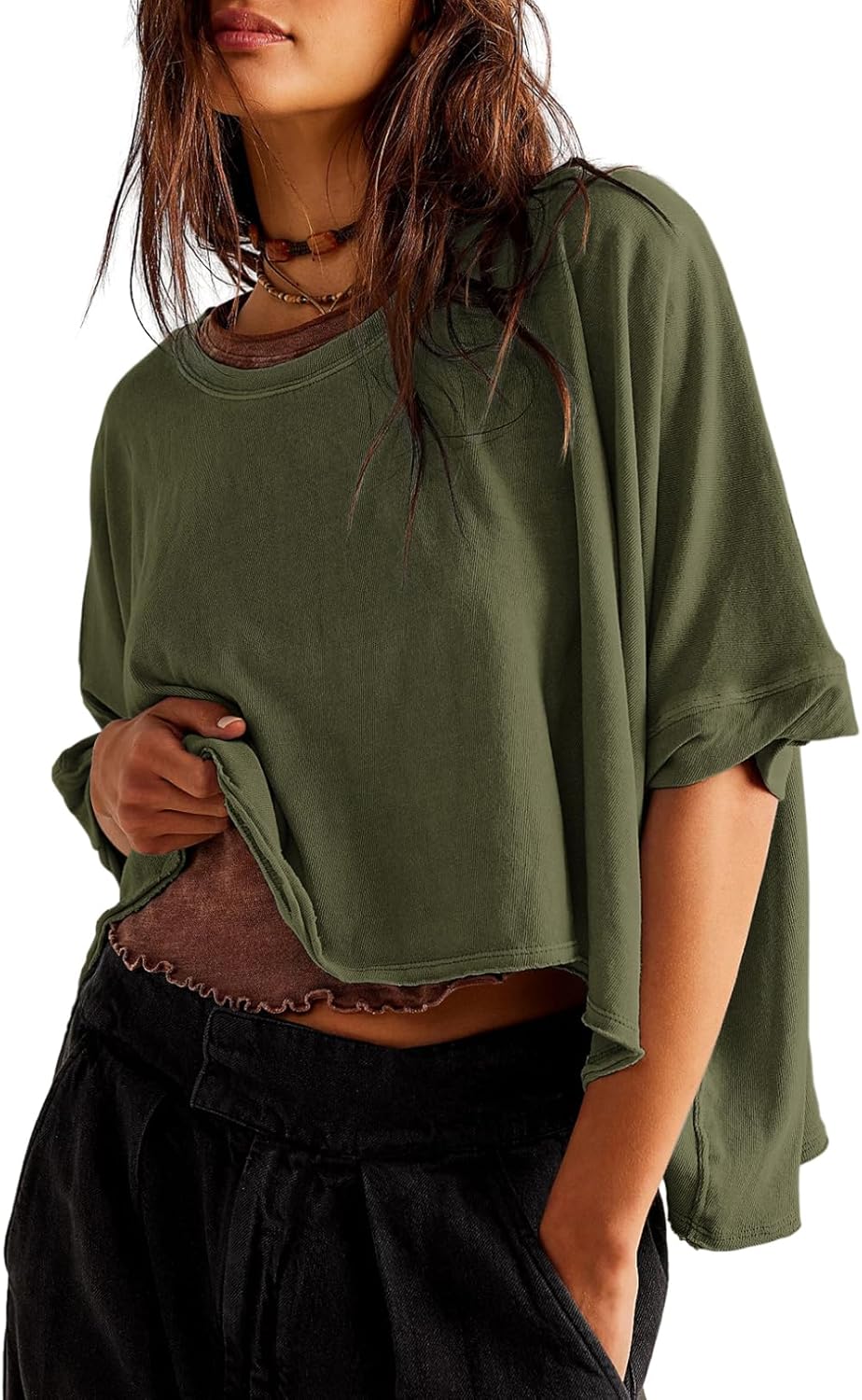 Dokotoo Summer Tops 2024 Womens Solid T Shirts for Women Loose Oversized Shirts Basic Tee Small Moss Green