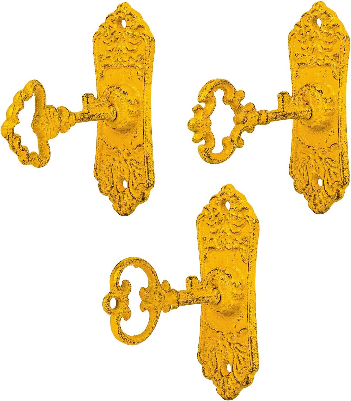Sungmor 3Pcs Vintage Cast Iron Coat Hooks,Heavy Duty Skeleton Key-Shaped Wall Hooks,Ornate Decorative Hanger for Coats, Hats, Bags - Rustic Yellow Finish