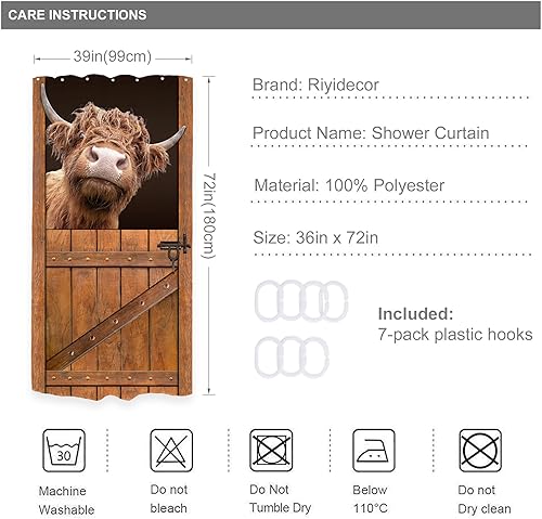 Miniatura 3 de Riyidecor Stall - Cortina de ducha divertida de vaca de las tierras altas, 36 pulgadas de ancho x 72 pulgadas de alto, pequeñas cortinas rústicas