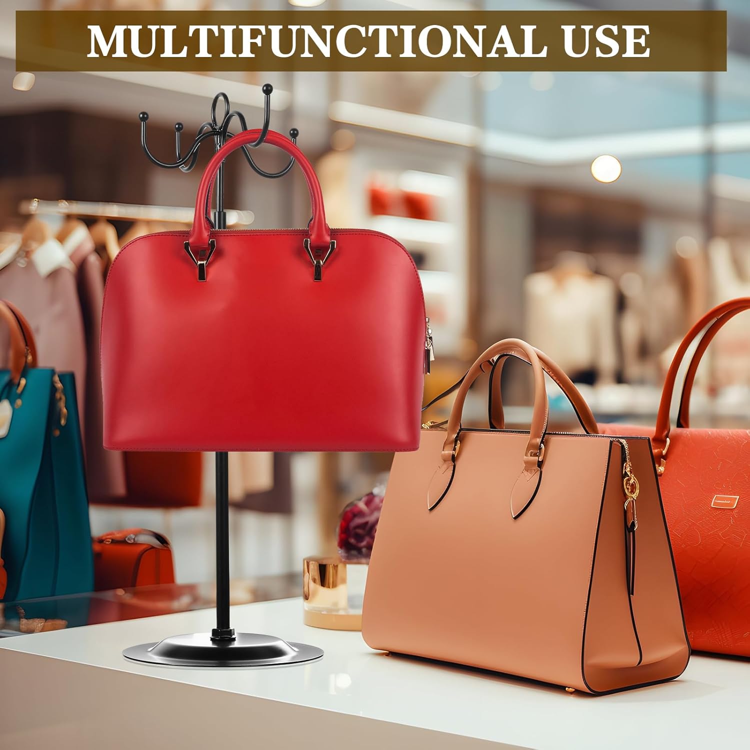 Menkxi 4 Pcs Metal Adjustable Height Purse Display Stands Handbag Jewelry Hat Hook Stands Holders Tree with 4 Hook for Closet Restaurant Boutique Store Tabletop Business Selling(Black) - Image 4