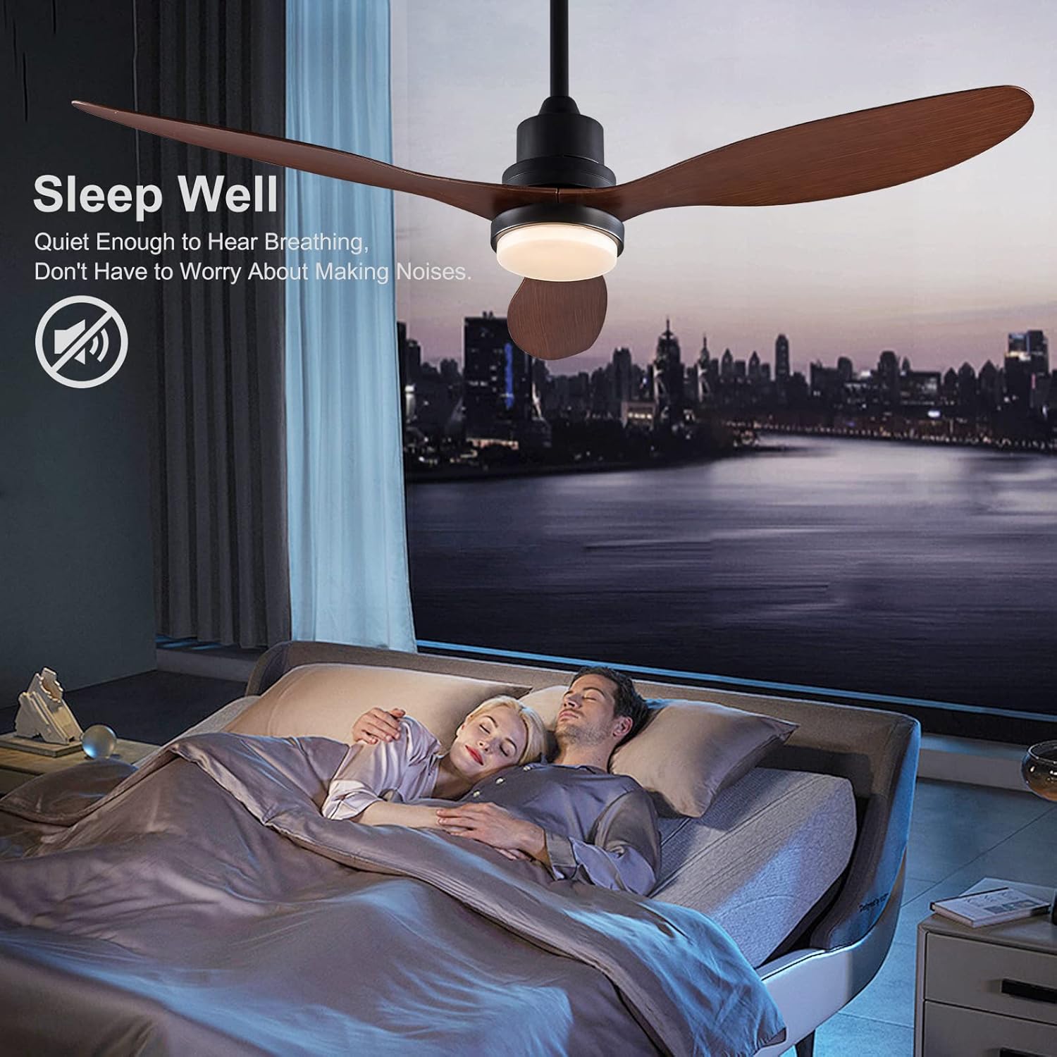 52 Inch Ceiling Fans with Light and Remote, Ceiling Fans with 3 ABS Blades and Down Rod, 6 Speed DC Motor, Indoor Outdoor Ceiling Fan for Patio, Bedroom, Living Room, Office, (Raw Wood Color)