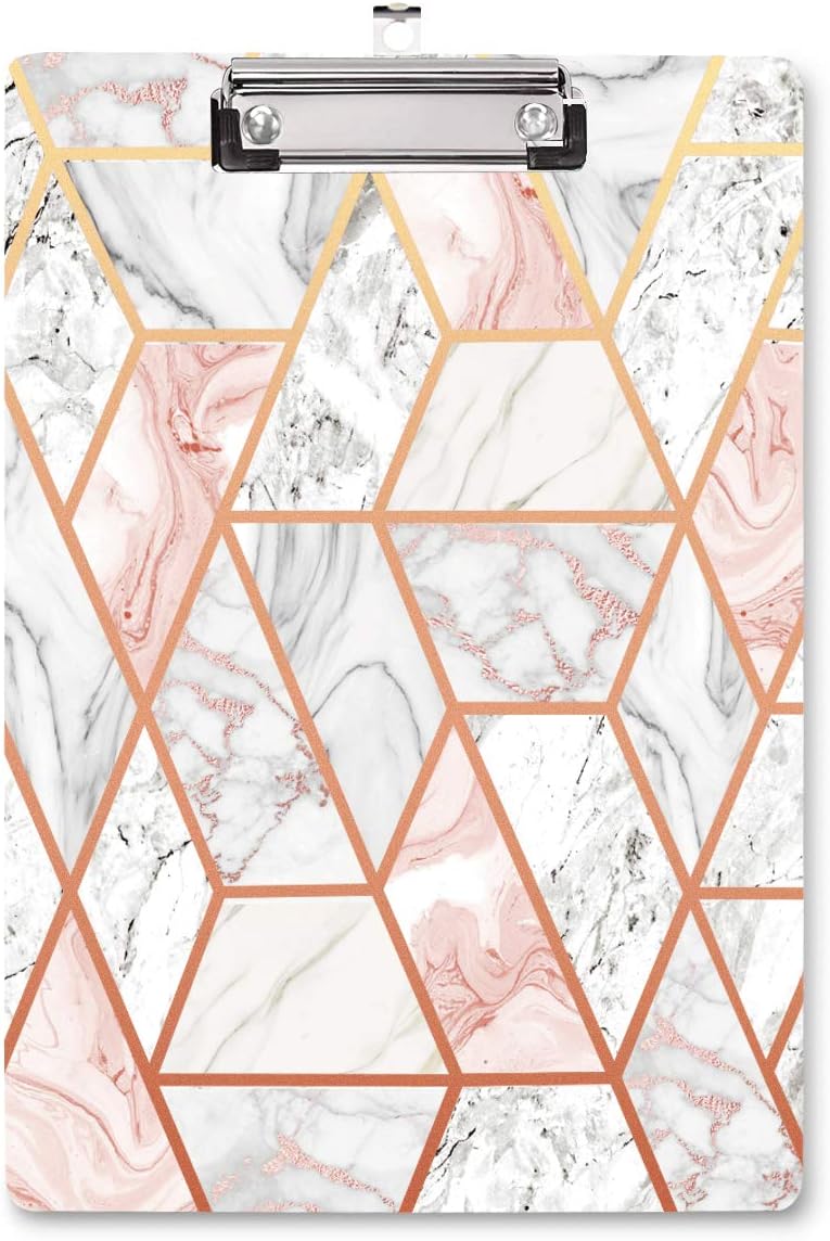 WAVEYU Marble Clipboard Decorative for Office, Cute Clipboard Hardboard with Low Profile Clip Designed for Girl Women Adult Teen Gift, Pink+Gold (12.5"x8.5")