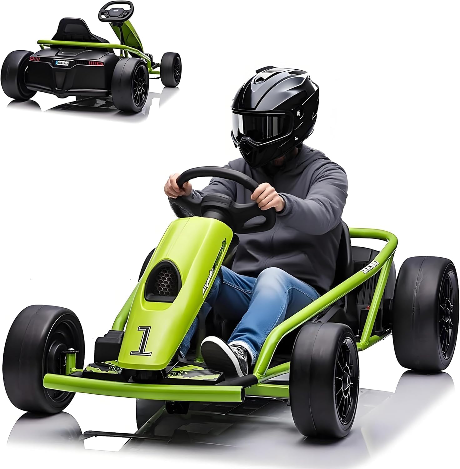 24V Electric Kart for Kids, High Speed Racing Car with Drift Function, 2 x 12 V 9Ah Battery, Music, USB, LED Headlights, Gift for Boys Girls 8-12 Years, Green