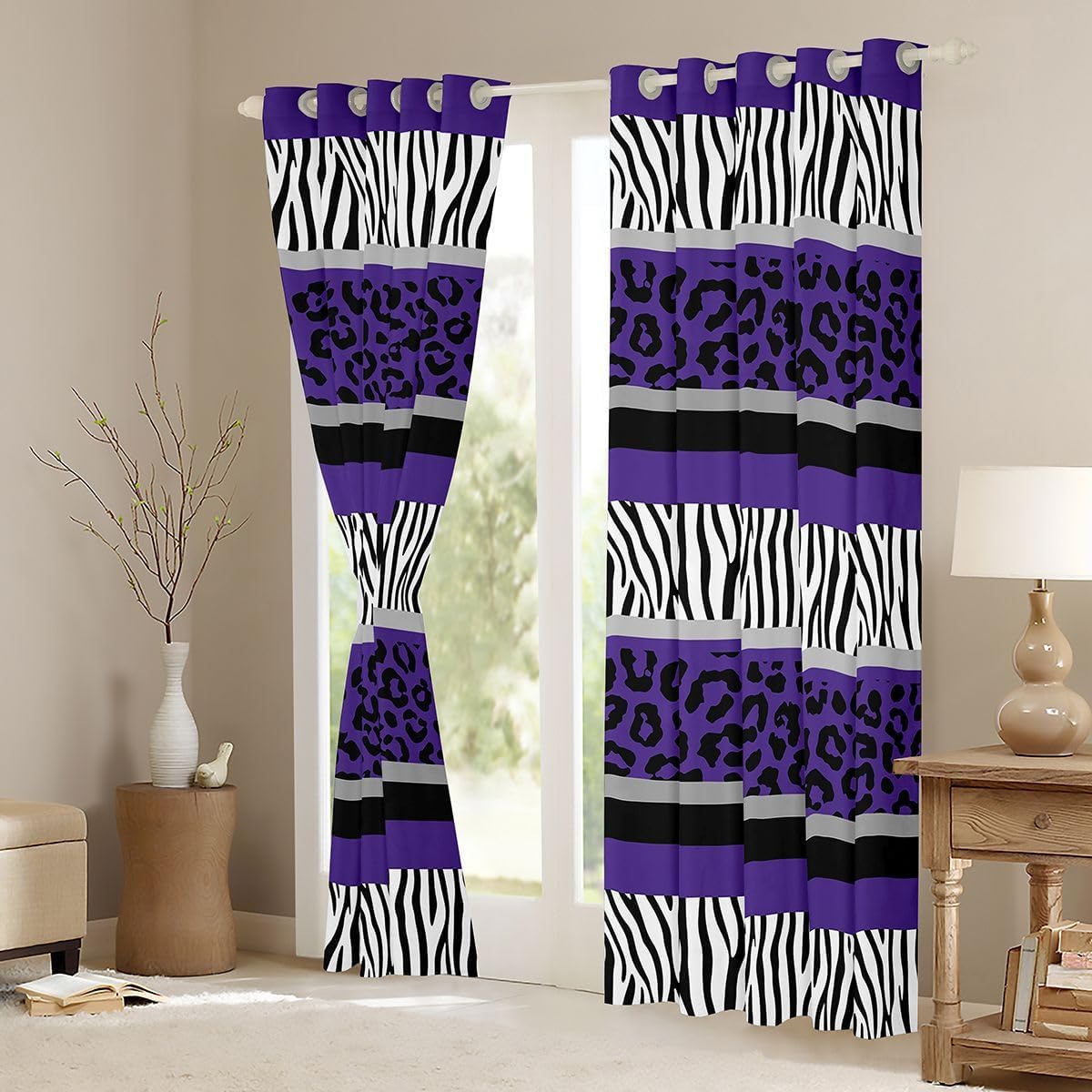 Leopard Curtains Zebra Stripes Window Drapes for Kids Boys Girls Purple Black White Zebra Leopard Fur Window Curtains for Bedroom Decor Safari Animal Hair Window Treatments,38x45 Inches,2 Panels