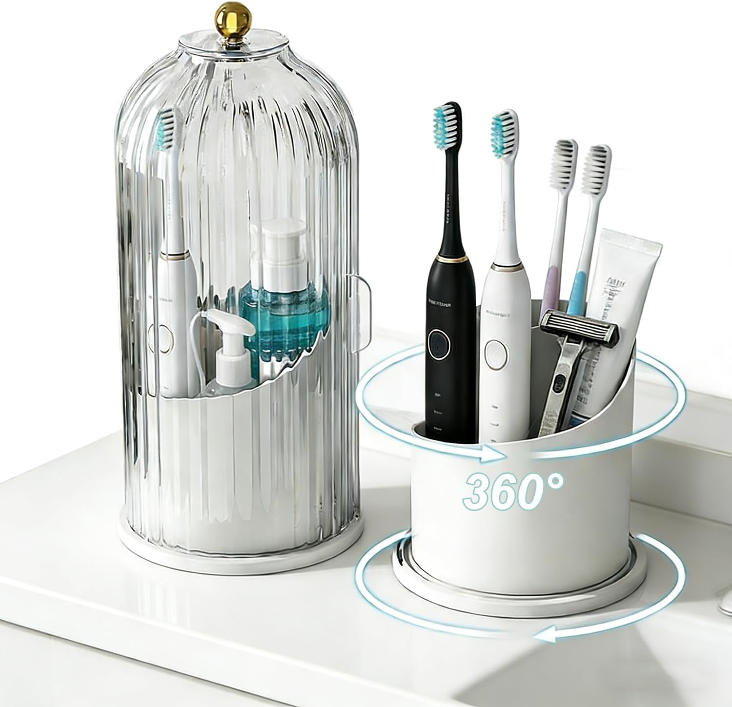 Bathroom Toothbrush Holder Organizer, 360° Rotating Toothbrush Storage Caddy with Dustproof Cover, Countertop Toothpaste Holder for Electric Toothbrushes, Makeup Brushes