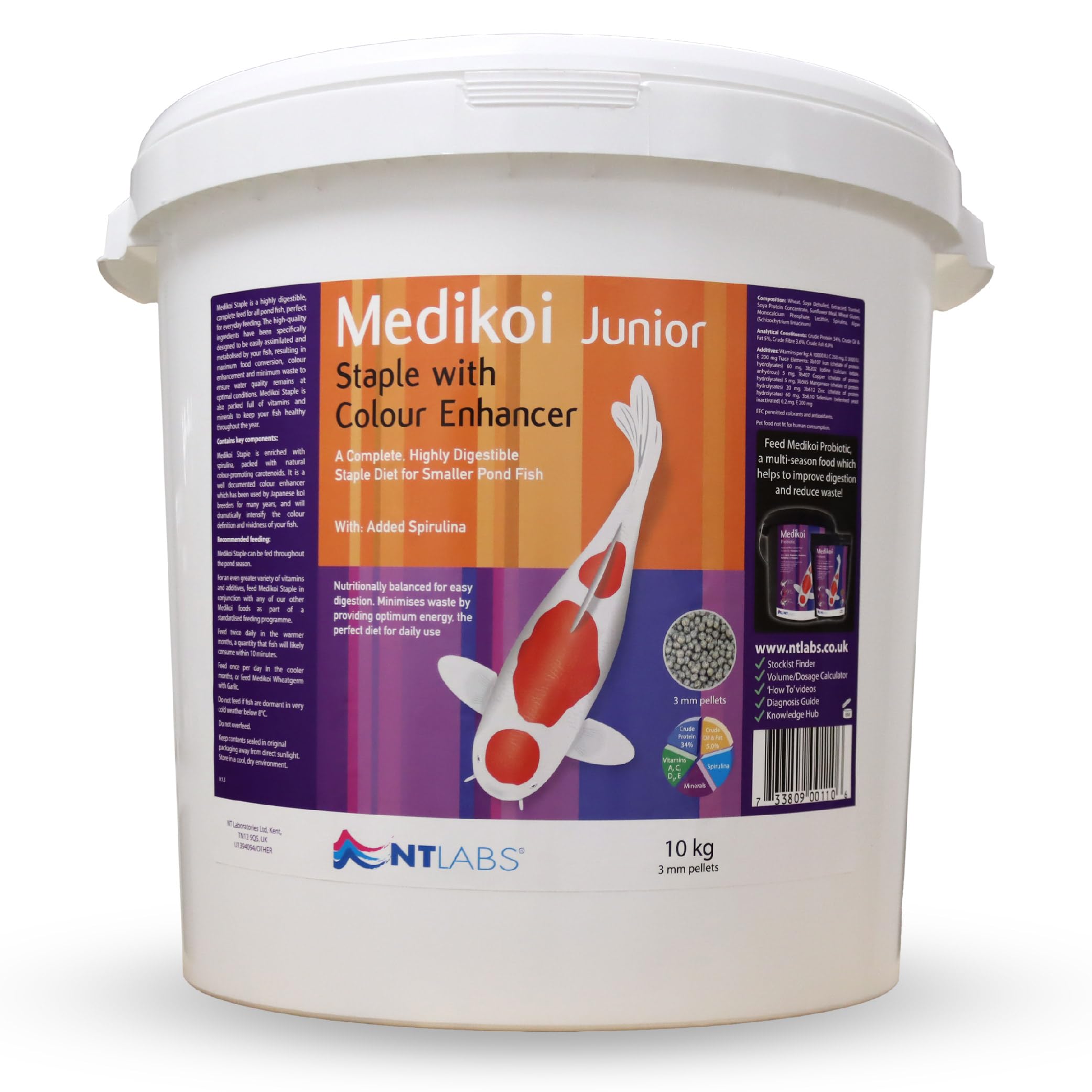 NT Labs Medikoi Staple with Colour Enhancer, Complete Feed For All Pond Fish, Ideal For Spring, Summer and Autumn Feeding, Enhances Colours of Pond Fish, Koi Fish Food (10kg)(3mm)