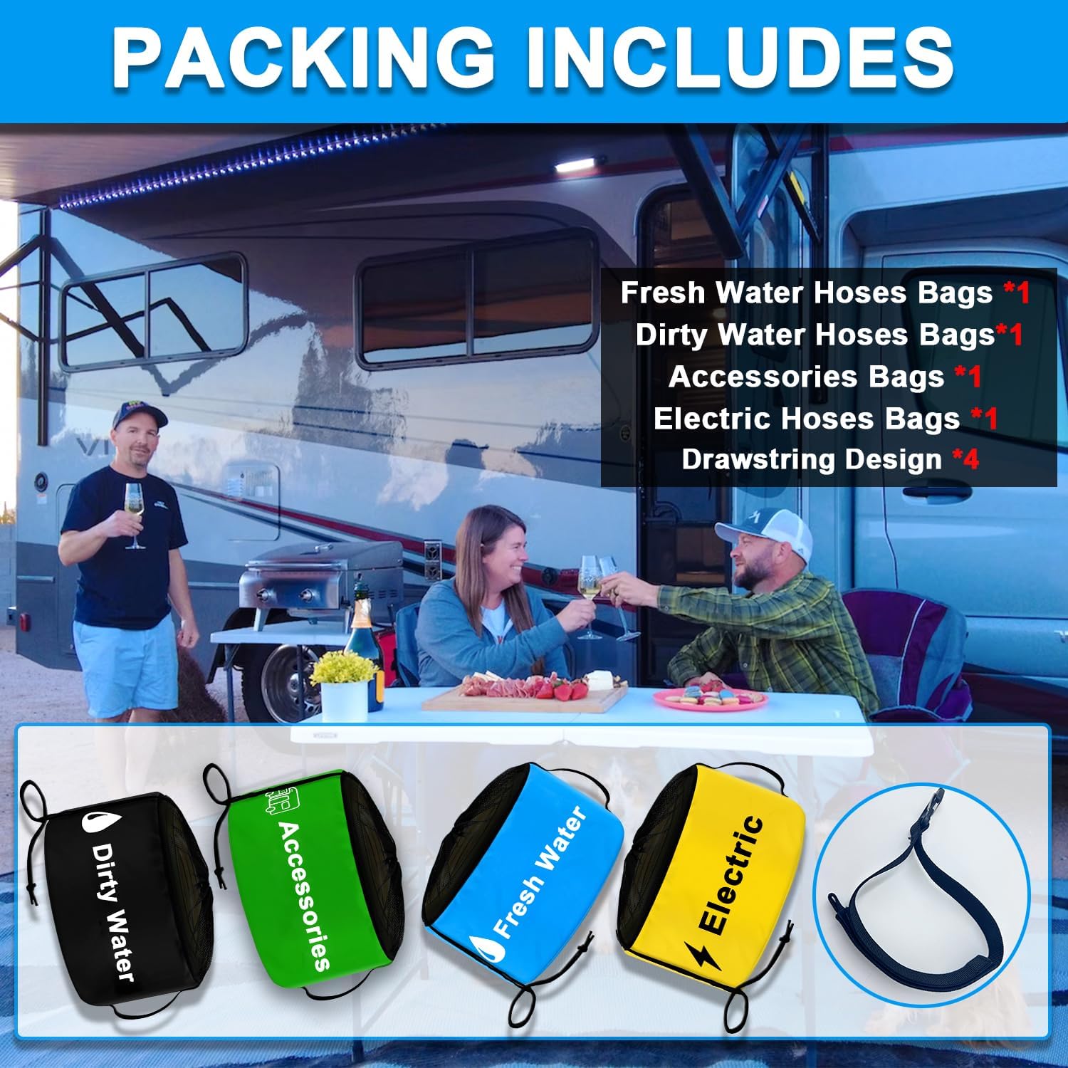 4-Pack Waterproof RV Hose Storage Bag with Drawstring Mesh Top, RV Utility Bag, RV Sewer Hose Storage for Black/Fresh Water Hoses, Electrical Cords, Camper Tools Accessories