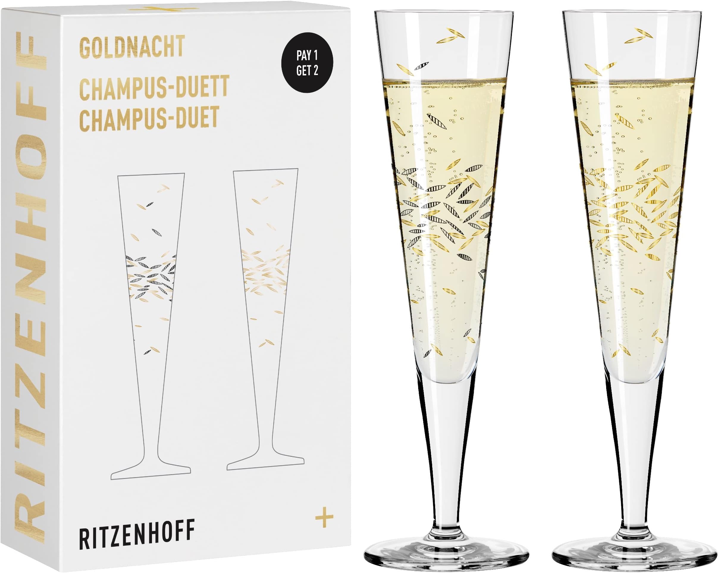 6031003 Champagne Glass 200 ml - Goldnacht Duett 2022 Series 2 x Designer Piece with Real Gold Made in Germany, Gold, Black