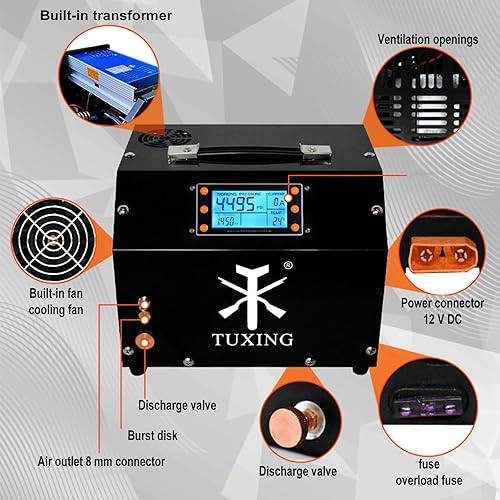 Miniatura 9 de TUXING Compresor de aire PCP de 4500 psi, compresor de alta presión de parada automática ajustable, versión de pantalla LCD, equipado con sistema de