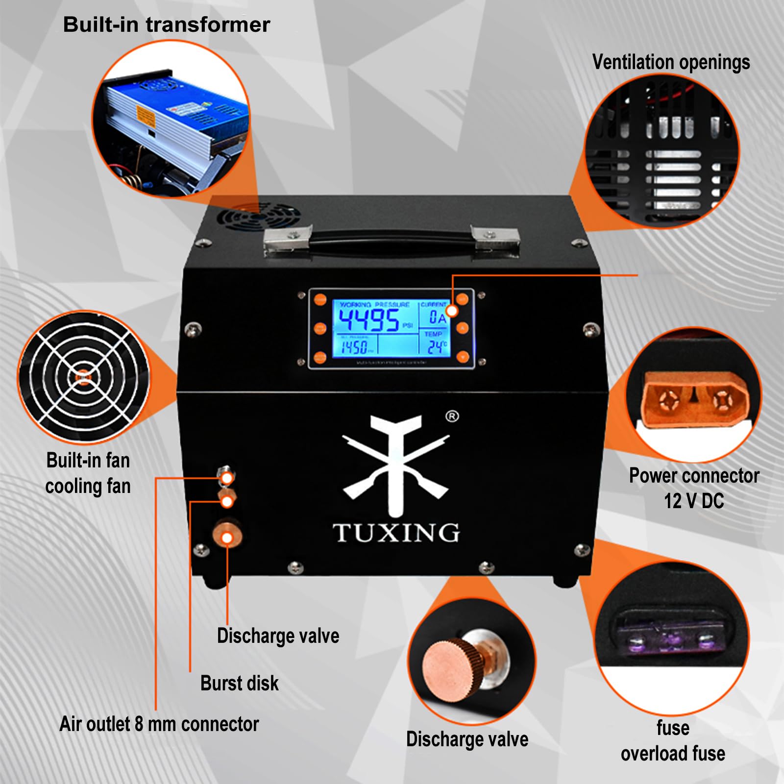 TUXING PCP 4500Psi Sprężarka powietrza, regulowana sprężarka wysokociśnieniowa z automatycznym zatrzymaniem, wersja z wyświetlaczem LCD, wyposażona w system chłodzenia wodą, zbiornik do nurkowania